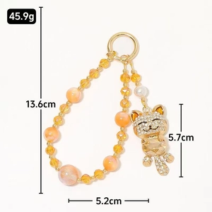 Fortune cat beaded wrist lanyard with sparkling rhinestone charm for phones and bags