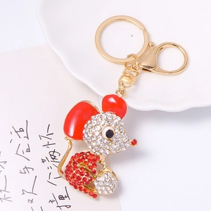 Portachiavi topo cartoon con strass scintillanti e finitura in smalto rosso vivo