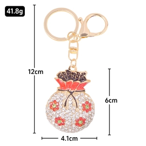 Dimensioni dettagliate del portachiavi a sacchetto fortunato con strass e motivo floreale