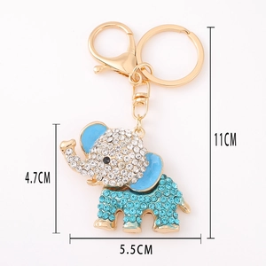 Sparkling blue elephant rhinestone keychain with gold alloy lobster clasp and ring