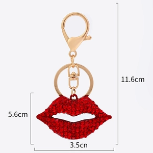 Sparkling red rhinestone sexy lips keychain with gold alloy base and lobster clasp