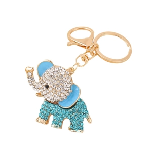 Sparkling elephant keychain with blue and white crystals on a gold alloy metal ring