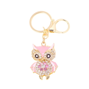 Cute pink enamel owl keychain with sparkling rhinestones and golden metal lobster clasp