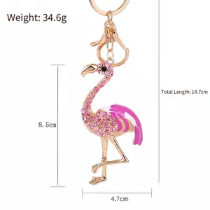 Pink flamingo keychain with crystals and gold lobster clasp, size 14.7cm total length