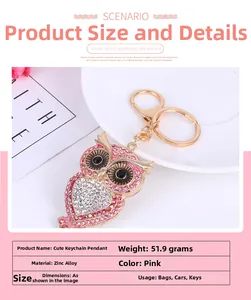Pink crystal owl keychain details showing zinc alloy material and spring clasp attachment