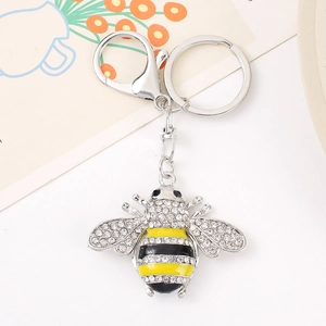 Exquisite bee keychain with sparkling crystals and yellow enamel on silver metal base
