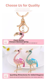 Close-up of flamingo keychain with classic pressure spring buckle and sparkling rhinestones