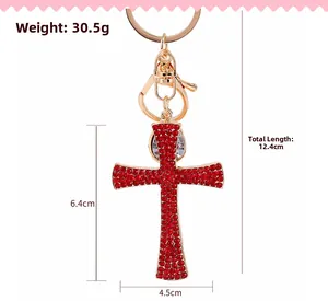 Detailed size specifications for the gold rhinestone cross keychain and metal hook