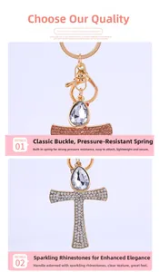 Close-up of golden cross keychain with shiny rhinestones and a secure spring clasp