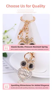 Gros plan du porte-clés hibou avec strass blancs brillants et fermoir mousqueton doré