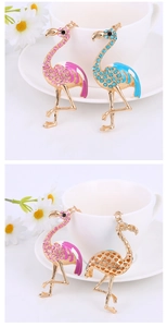 Detail of flamingo keychain showing pink and blue rhinestone-encrusted golden metal finish