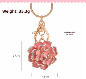 Detailed view of pink rose keychain with rhinestones and measurement specs 10.5cm