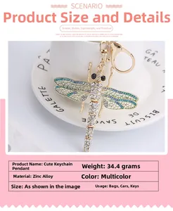 Detail of dragonfly keychain showing sparkling rhinestones and zinc alloy base weight 34.4g