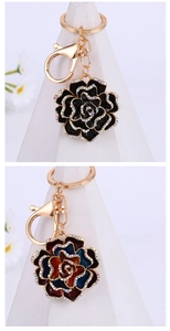Detailed macro of black and gradient enamel rose keychains with crystal accents