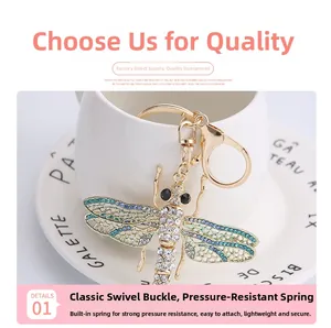 Detailed macro view of dragonfly keychain with gold alloy finish and sparkling rhinestones