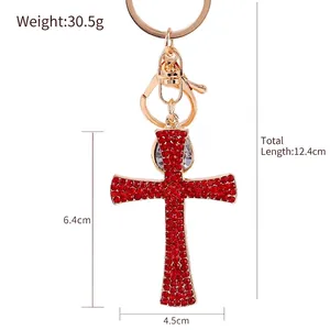 Golden rhinestone cross keychain with 12.4cm total length for car and bag hanging