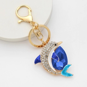 Sparkling blue rhinestone dolphin keychain in gold-tone finish for women backpacks
