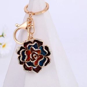 Vintage Zinc Alloy Rose Flower Keychain With Rhinestones Enamel Floral Bag Charm Car Key Ring Pendant For Women Gift