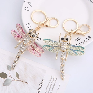 Creative Dragonfly Metal Keychain Zinc Alloy Rhinestone Insect Bag Charm Gold Plated Pendant Car Key Ring Women Gift Jewelry