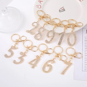 Strass Arabische Cijfers 0-9 Sleutelhanger Gouden Zinklegering Nummer Hanger Tas Accessoires Mode Sieraden Sleutelhanger Cadeau