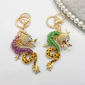 Exquisite dragon zodiac keychain with colorful crystal rhinestones in gold alloy finish