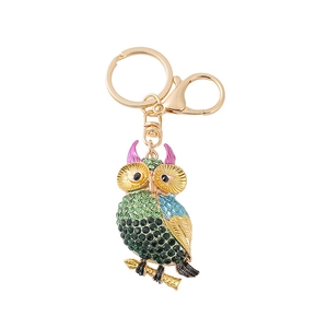 Porte-clés chouette coloré avec strass et pendentif oiseau en alliage doré