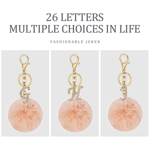 Detail of pink faux fur pompom keychain with crystal rhinestones letters G, H and J