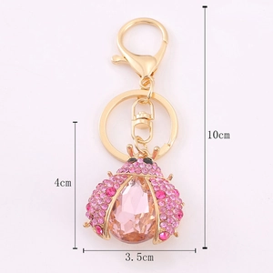 Fashion ladybug keychain with pink rhinestones and gold-tone beetle pendant 10cm