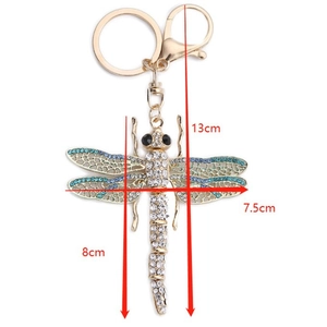 Creative gold dragonfly keychain with rhinestones and lobster clasp, 13cm length