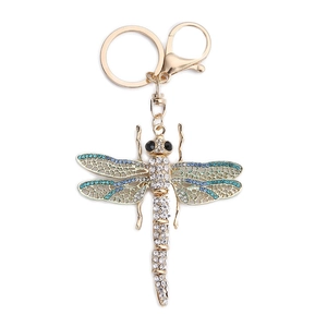 Creative dragonfly keychain with gold metal plating and sparkling blue rhinestones
