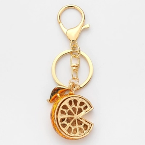 Creative rhinestone orange slice keychain with gold plating and orange enamel charm