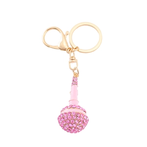 Glittering pink rhinestone microphone keychain with golden alloy ring and lobster clasp