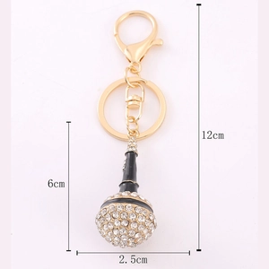 Fashionable microphone keychain with sparkling rhinestones and golden metal hardware, 12cm length