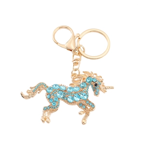 Porte-clés licorne en strass bleu avec alliage plaqué or et fermoir mousqueton robuste