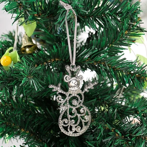 Silver hollow snowman Christmas ornament with sparkling rhinestones on green pine tree