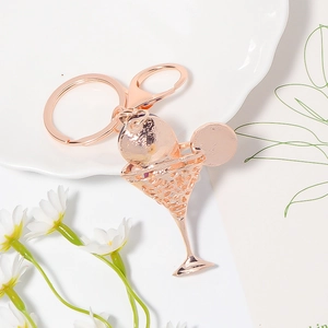 Rose gold crystal cocktail cup keychain with diamond studs for women bag decoration