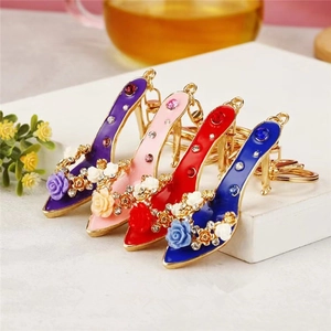 Fashion Stiletto High Heel Keychain With Rose Flower Rhinestone Alloy Bag Pendant For Women Creative Jewelry Gift
