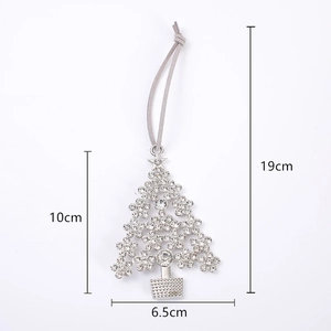 Rhinestone Christmas tree ornament in silver zinc alloy with suede hanging cord