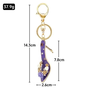 Detailed dimensions of purple rose high heel keychain with rhinestones and measurements