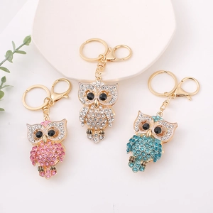 Luxury Zinc Alloy Rhinestone Owl Keychain Color Preserving Gold Electroplated Animal Bag Charm Decorative Key Ring Christmas Pendant Ornament For Gift