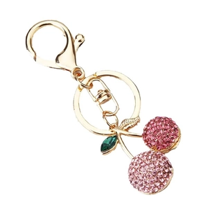 Pink rhinestone cherry keychain with gold alloy plating for bags and car keys