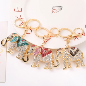 Elegant Elephant Rhinestone Keychain Gold Plated Zinc Alloy Animal Bag Charm Pendant With Enamel Hearts Pattern For Women