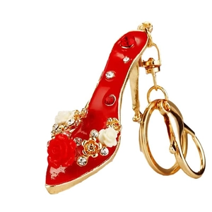 Red rose high heel keychain with sparkling rhinestones and polished gold hardware link