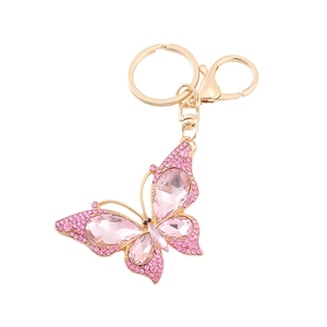 Golden butterfly keychain featuring sparkling pink crystals and rhinestones with lobster clasp