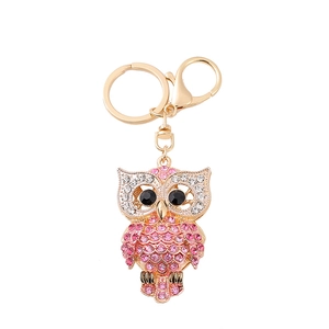 Creative owl keychain pendant with pink crystals and golden metal lobster clasp