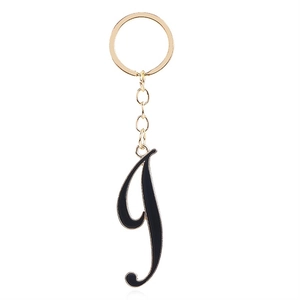 Letter I gold keychain with black enamel finish and polished metallic key ring