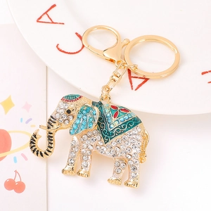 Sparkling rhinestone elephant keychain with colorful enamel and gold-plated alloy ring