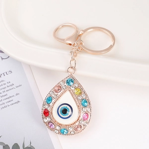 Portachiavi occhio del male a goccia oro rosa con strass colorati e moschettone
