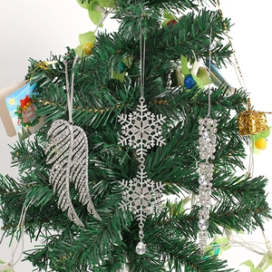 Three-piece silver snowflake and feather Christmas tree hanging decorations with crystals