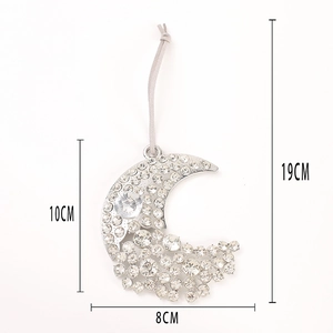 Silver crescent moon ornament with rhinestones for Christmas tree decor 10x8cm